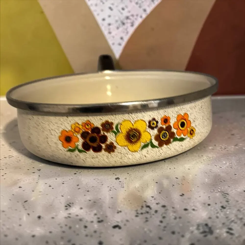 Vintage 1970s Speckled Enamelware Skillet Pan Orange Yellow Brown Floral